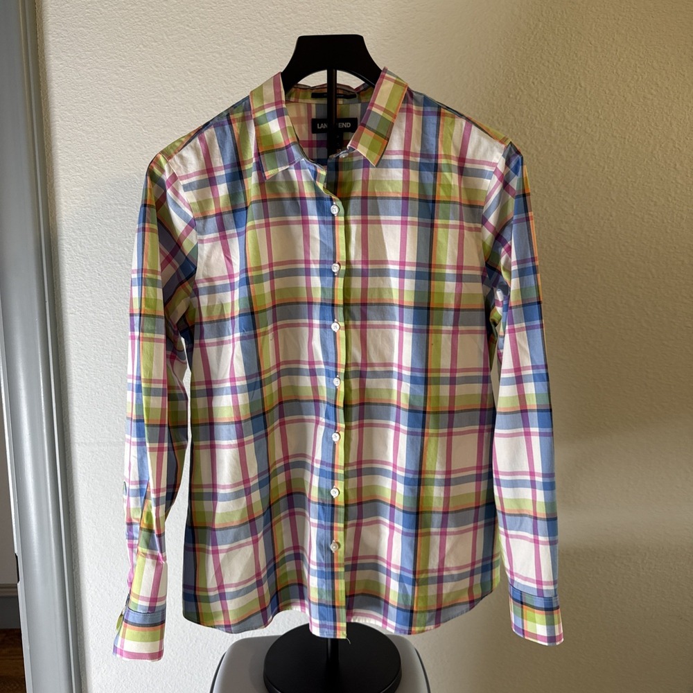 Lands' End Women's Multicolor Plaid Supima Cotton Button-Up Petite Size 12P